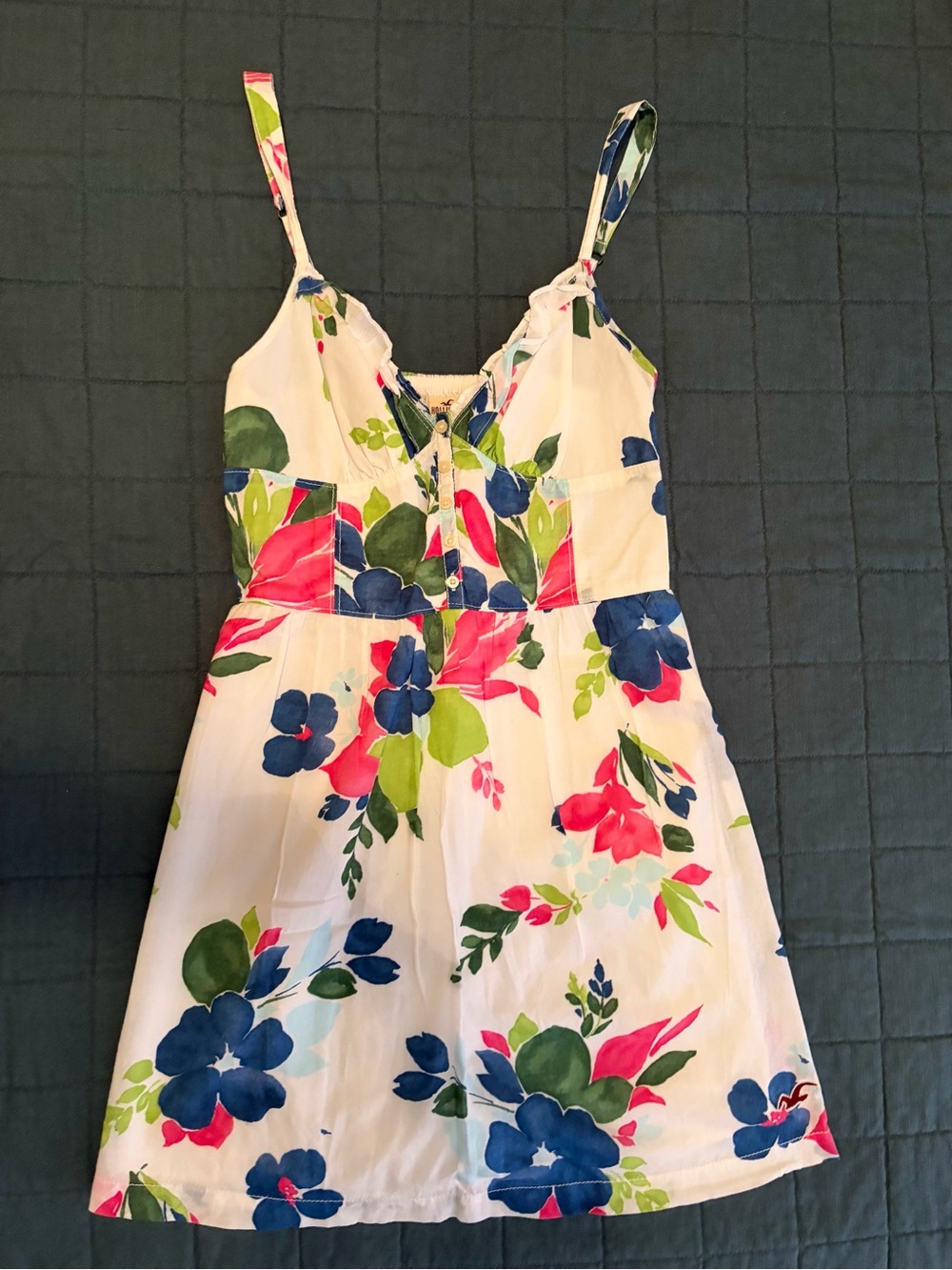 Hollister White Floral Print Sundress with Blue and Pink Flowers